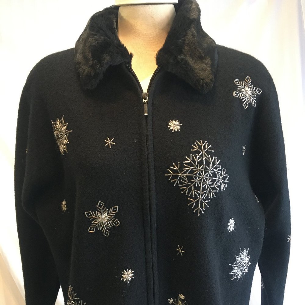 *HOST PICK* Pandemonium Women's Black Wool Cardigan Jacket Bead Snowflakes Large